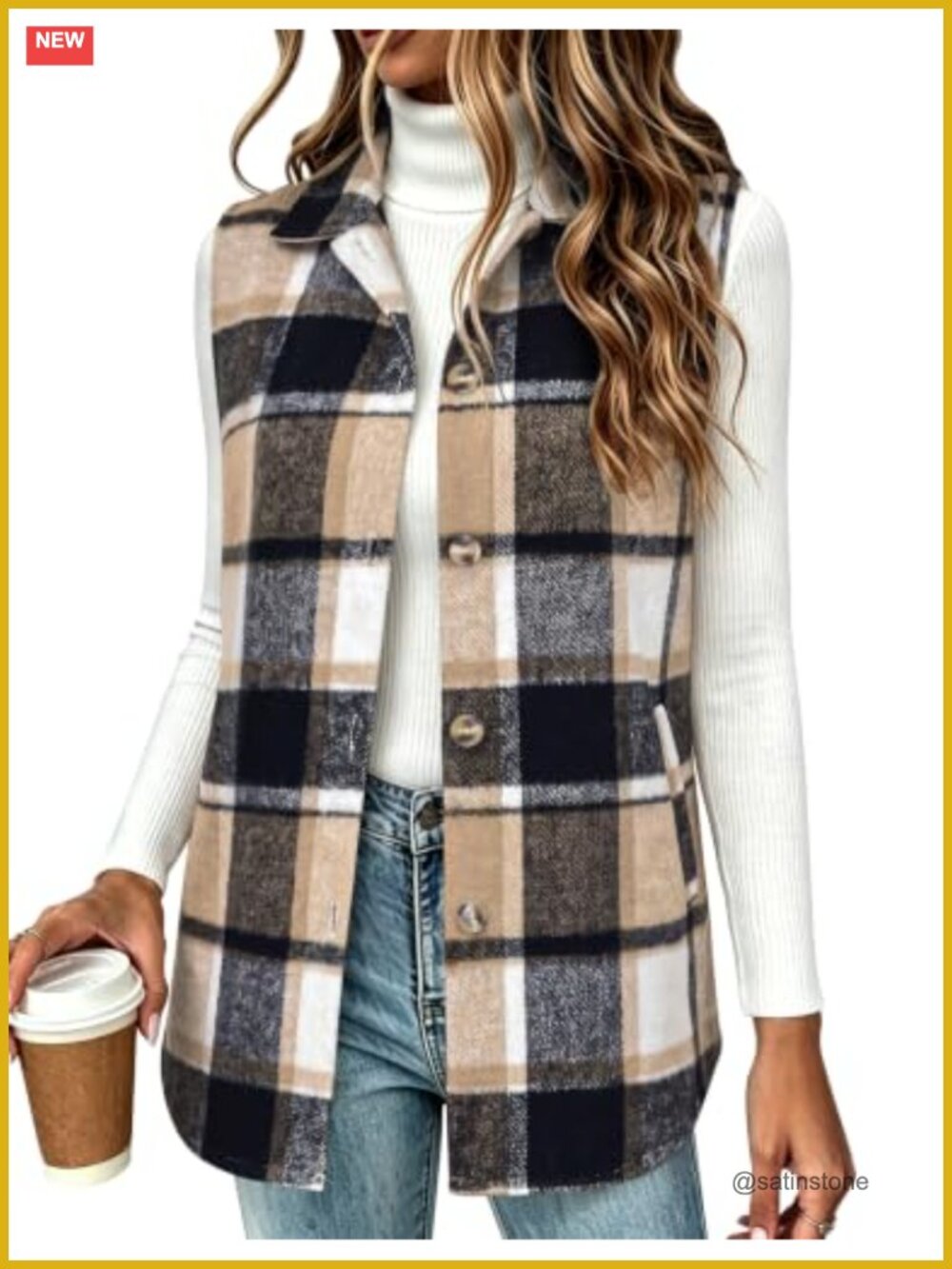 Women's Sleeveless Plaid Vest Flannel Button Down Lapel Collar Workwear